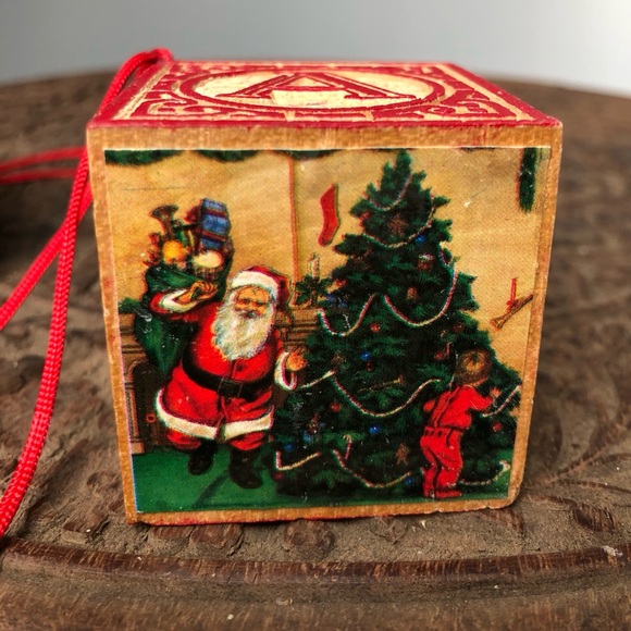 Vintage Set of 2 Children’s Toy Block Santa Claus Christmas Ornaments - Picture 8 of 10